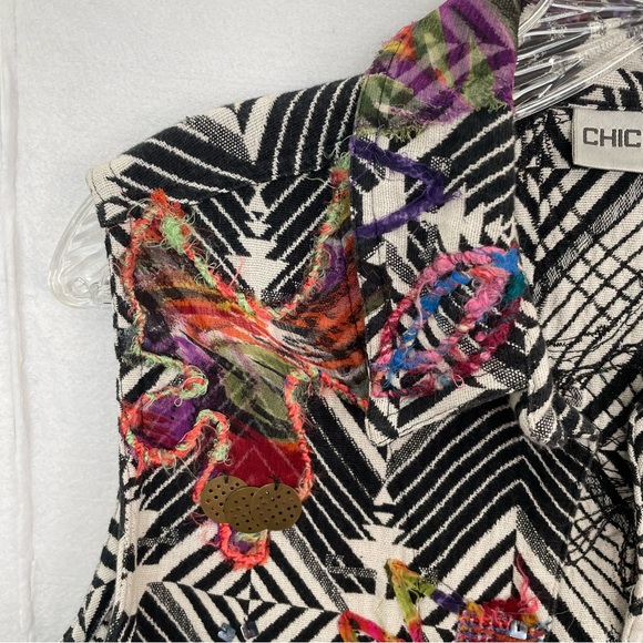 Chicos Vintage Vest Size 1 Mixed Media Patchwork Open Front Collared Cotton Silk - Picture 3 of 11